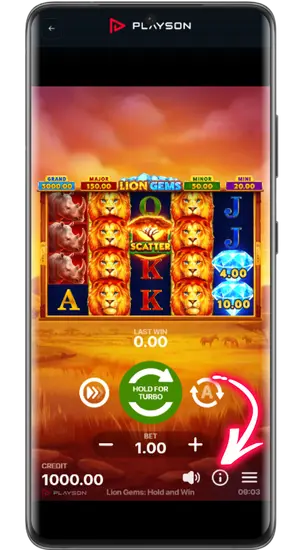 Game Info-ikon i Lion Gems spelgränssnitt