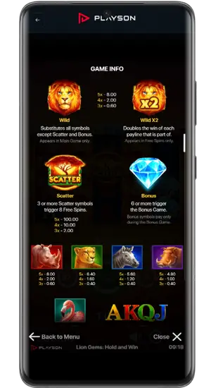 Game Info meny med symbolvärden Lion Gems