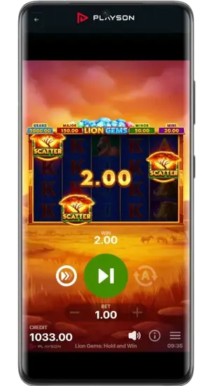 Tre Scatter-symboler triggar Free Spins Lion Gems